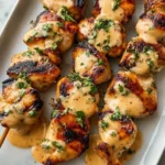 Delicious Bang Bang Chicken Skewers garnished and ready to serve