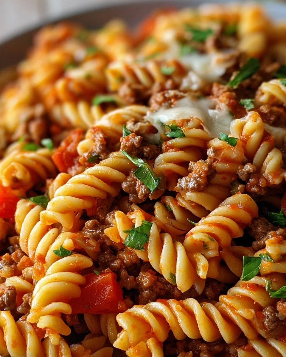 Cheesy beef pasta with melted cheese and hearty beef in a delicious sauce