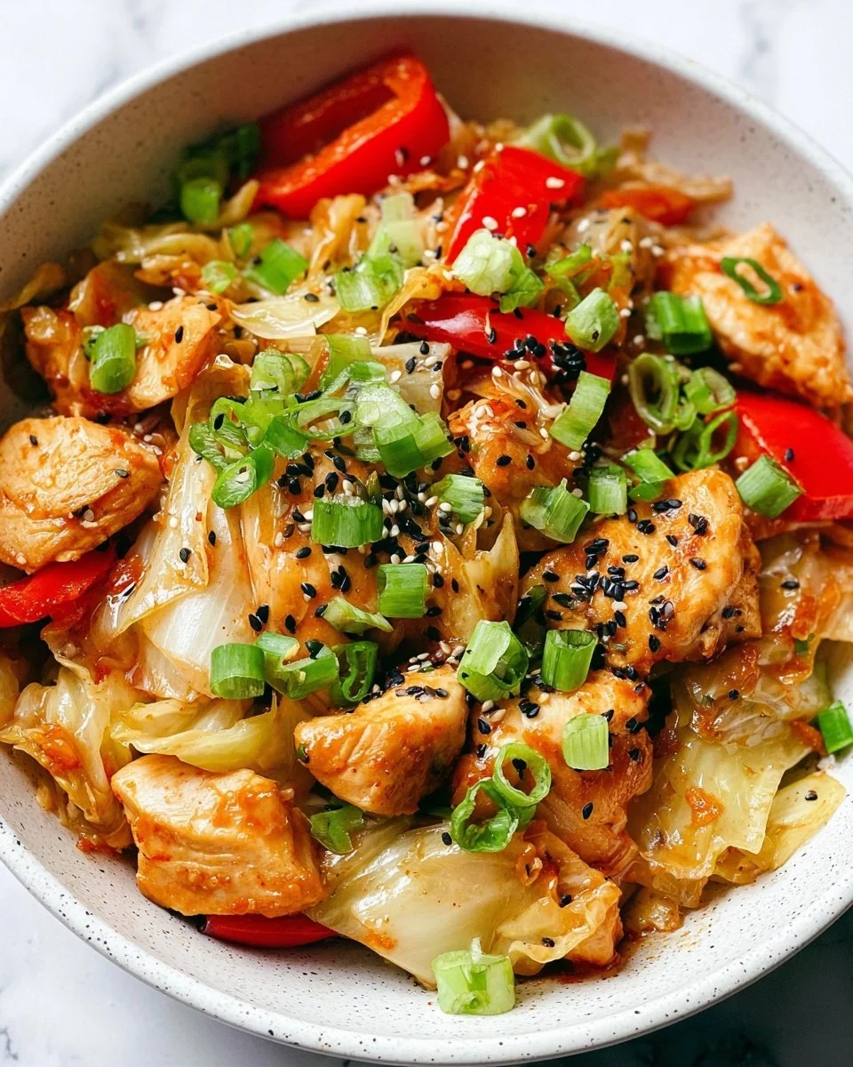 Chicken and cabbage stir fry with sesame seeds and ginger in a vibrant bowl