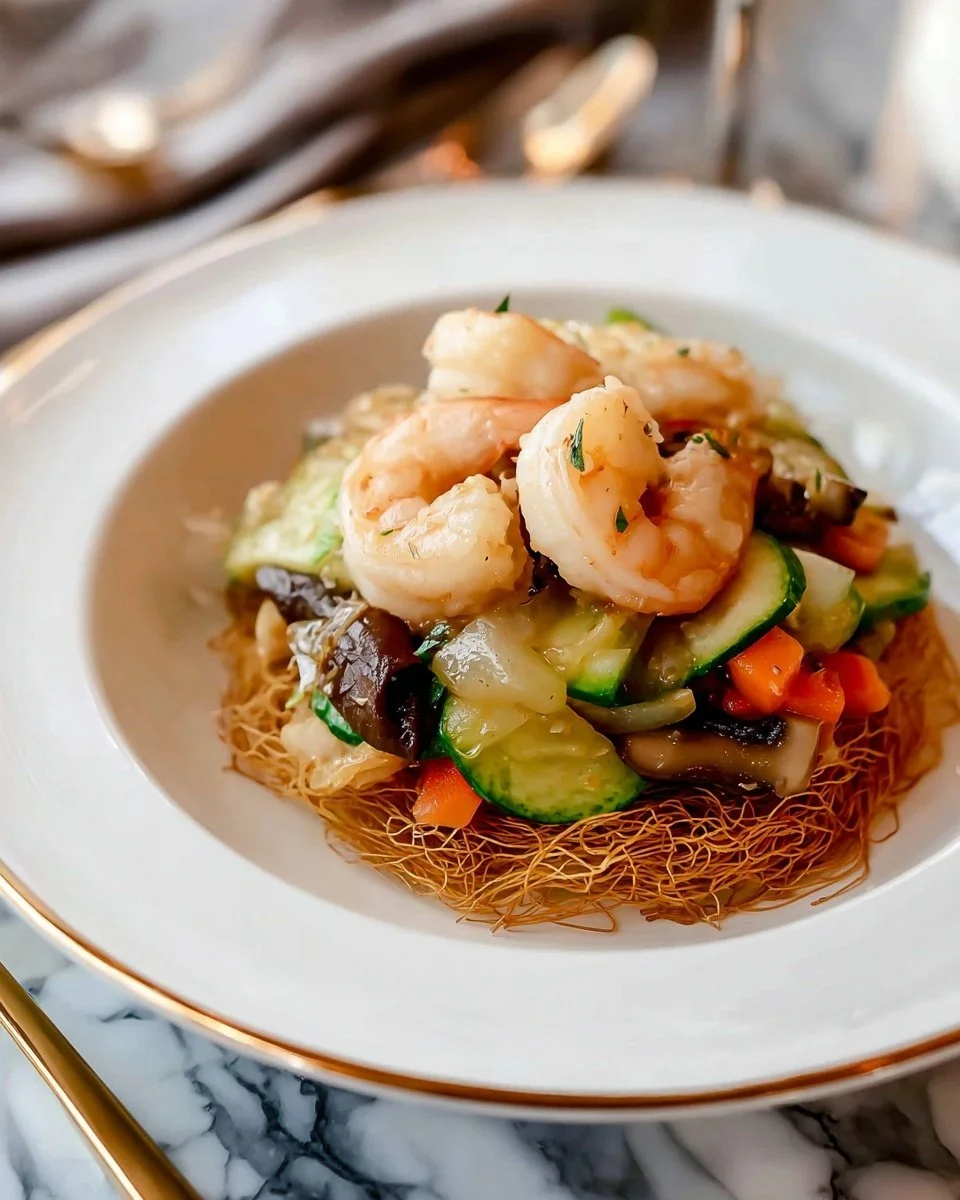 Crispy cake noodle stir fry with shrimp and colorful vegetables