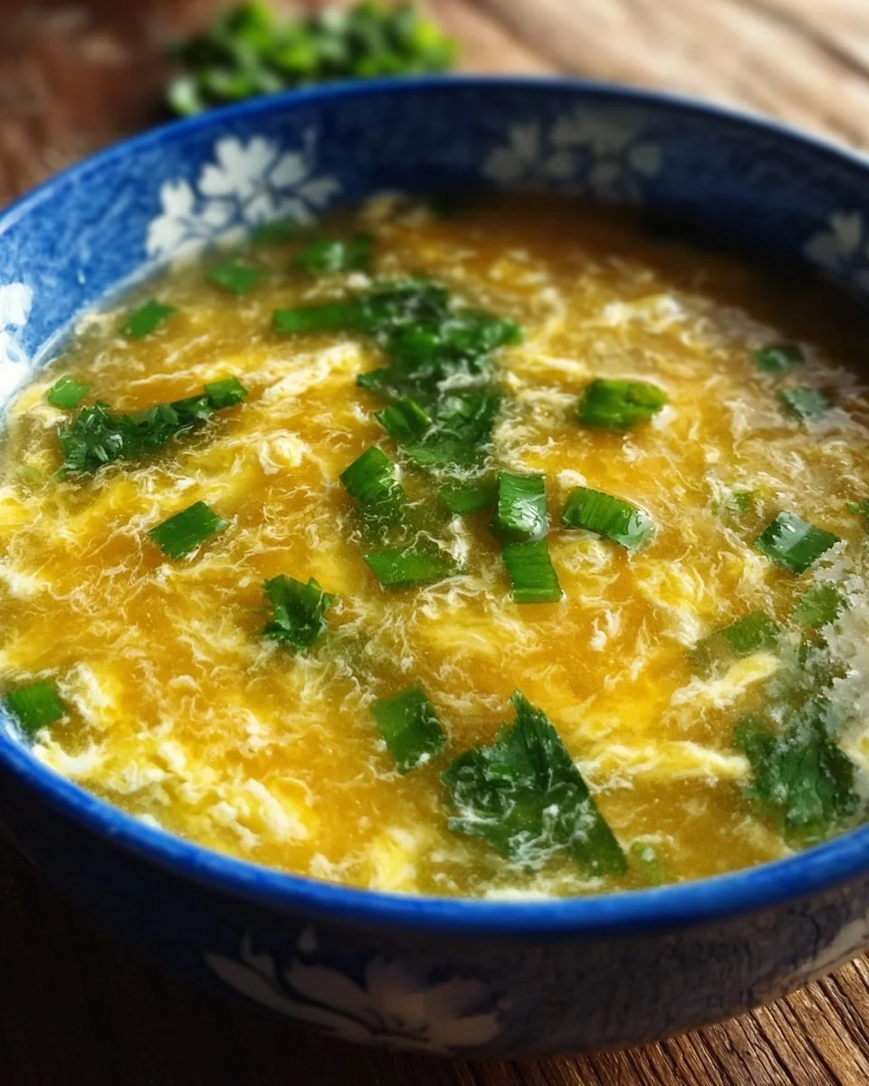 A bowl of steaming Egg Drop Soup garnished with green onions.