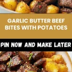 Plate of Garlic Butter Beef Bites with golden potatoes, garnished with herbs.