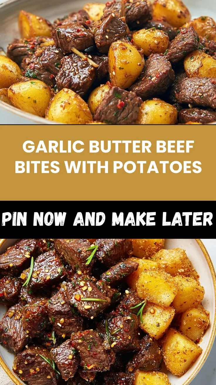Plate of Garlic Butter Beef Bites with golden potatoes, garnished with herbs.