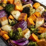 Oven-roasted veggies topped with Parmesan cheese on a baking tray.
