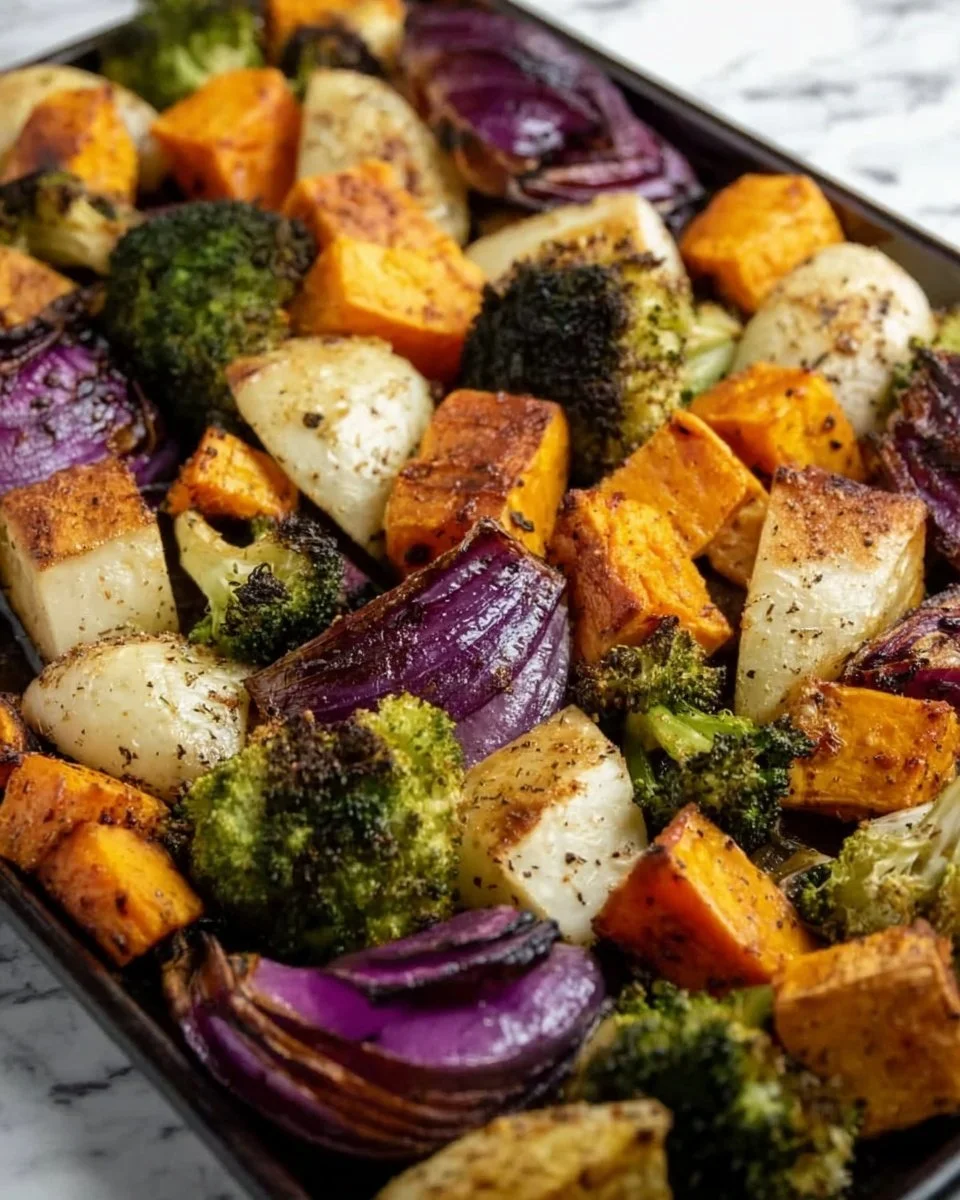 home Oven-roasted veggies topped with Parmesan cheese on a baking tray.