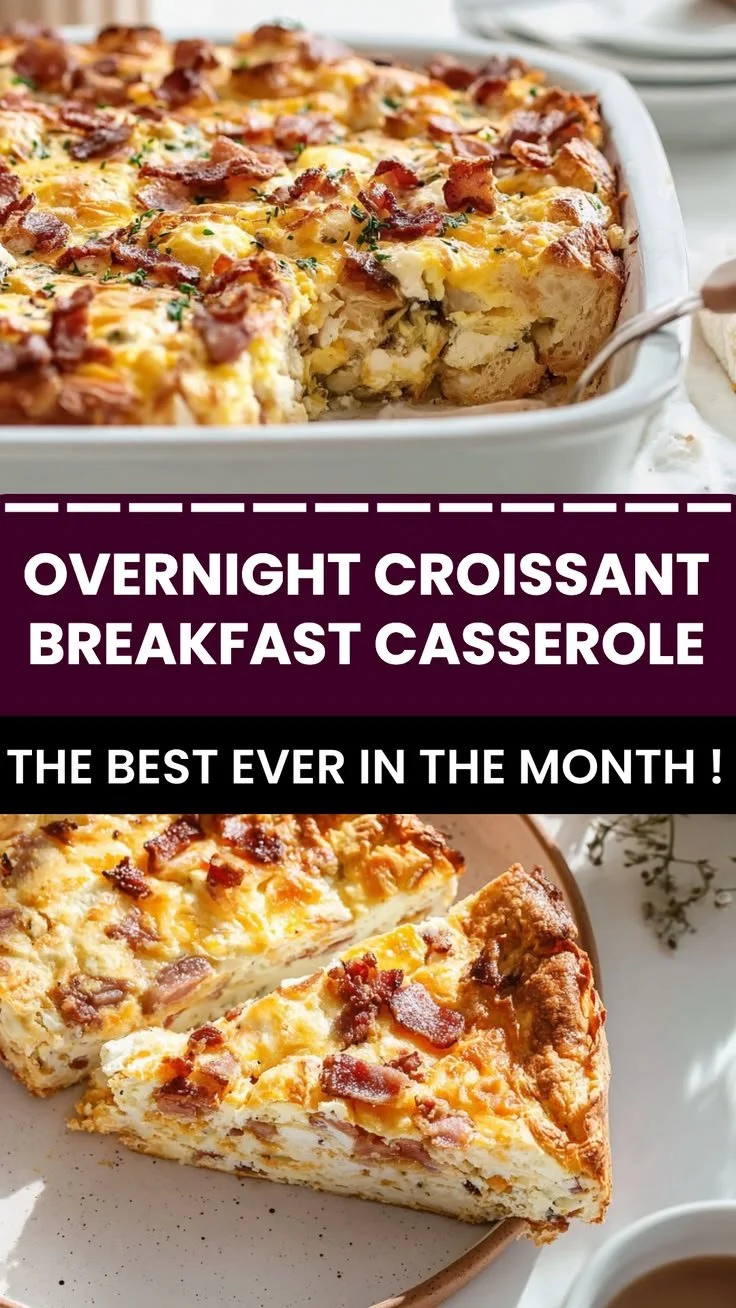 Delicious overnight croissant breakfast casserole ready to serve.