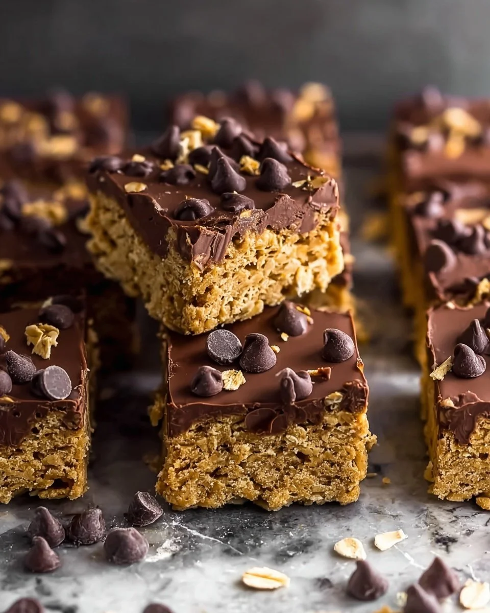 Peanut Butter Chocolate Oatmeal Bars Peanut butter chocolate oatmeal bars on a wooden table