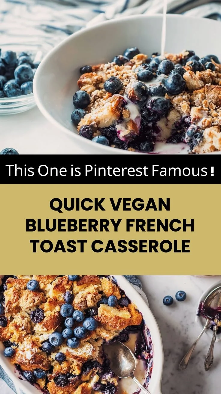 Vegan blueberry casserole with French toast, topped with fresh berries and syrup