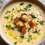 home Bowl of creamy roasted garlic soup garnished with herbs