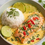 home A bowl of salmon coconut milk curry with fresh herbs and spices