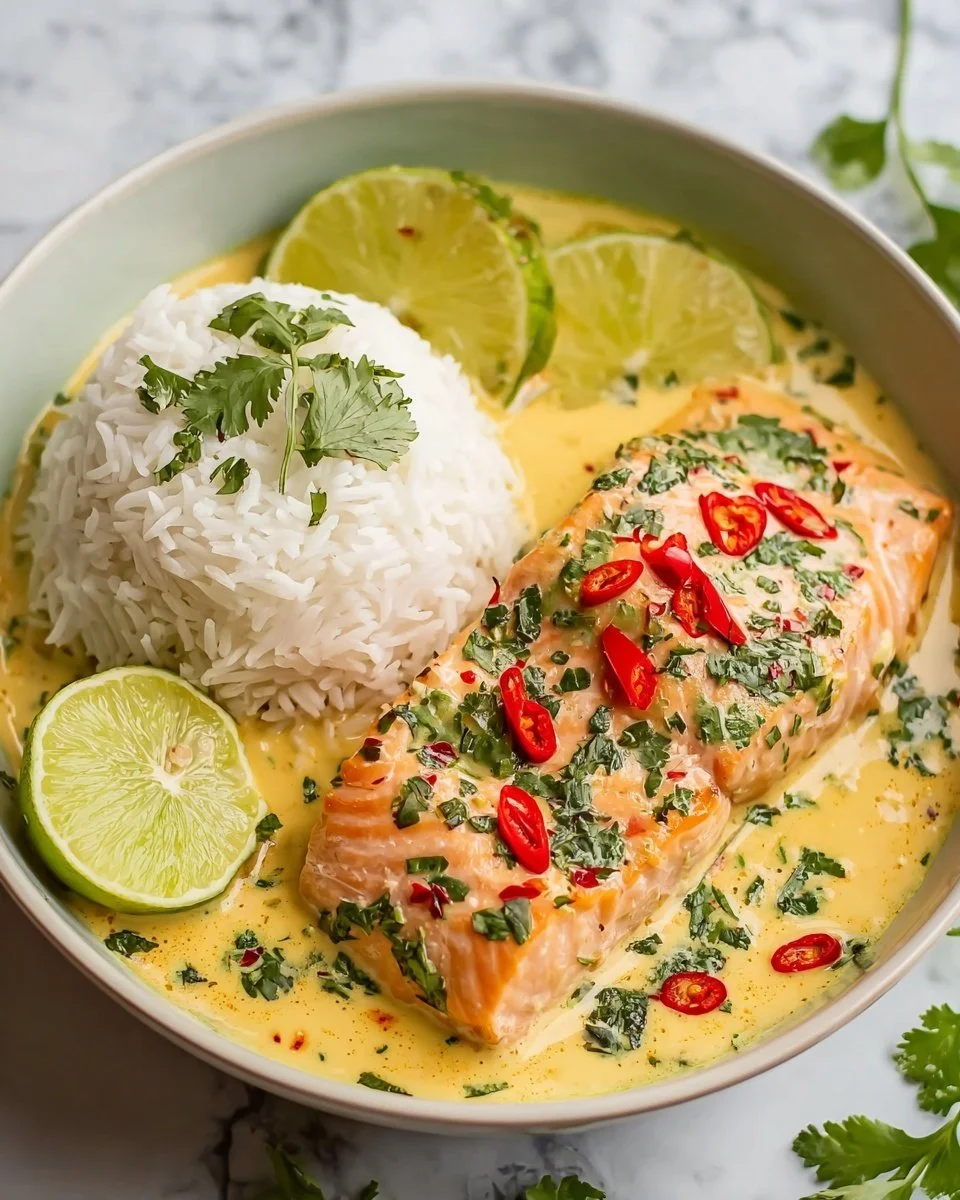 A bowl of salmon coconut milk curry with fresh herbs and spices