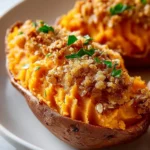 Delicious Sweet Potato Shepherd's Pie topped with golden mashed sweet potatoes.
