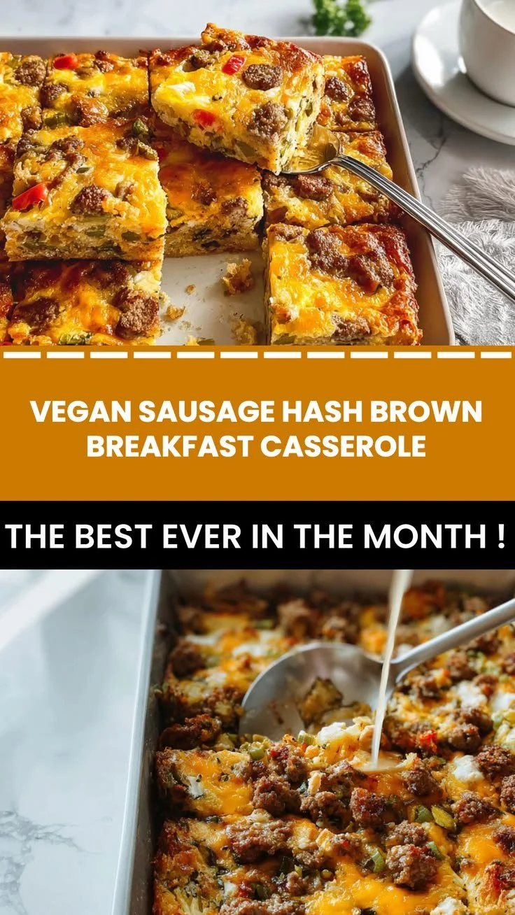 Delicious Vegan Sausage Hash Brown Breakfast Casserole served on a plate.