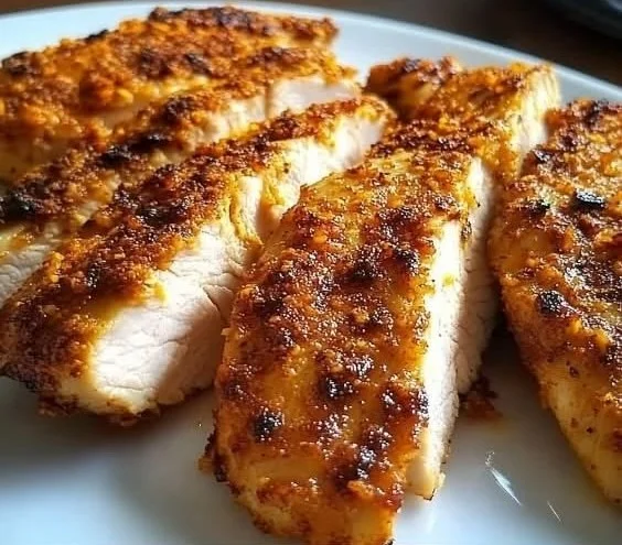 Juicy air fryer chicken breast served on a plate with vegetables.