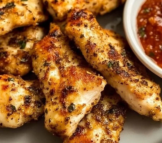 Air fryer chicken tenderloins served with dipping sauce and vegetables