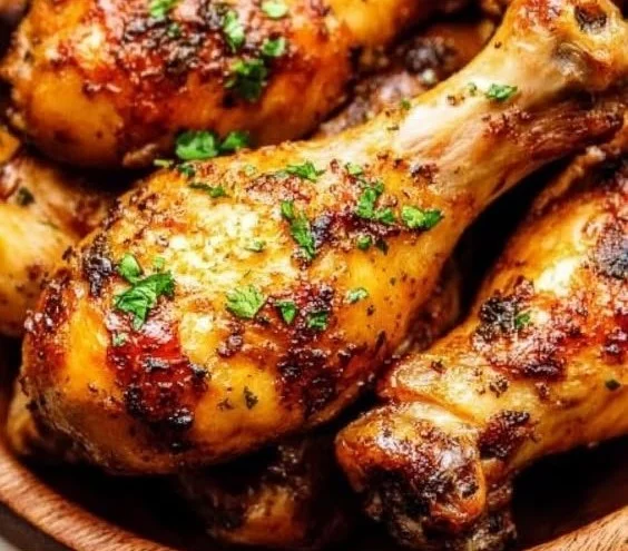Deliciously baked chicken legs on a plate with herbs and spices