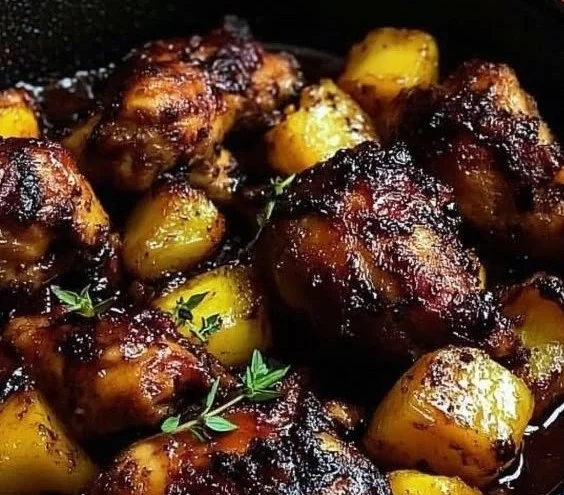 Baked Jamaican Pineapple Jerk Chicken on a platter with vibrant garnishes