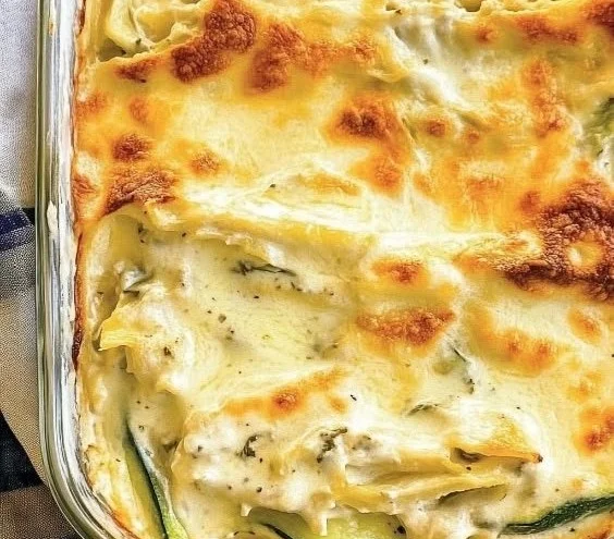 Chicken Alfredo Zucchini Lasagna with creamy sauce and cheese
