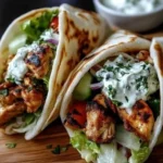 Delicious Chicken Gyros served with fresh vegetables and sauce