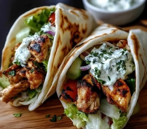 Delicious Chicken Gyros served with fresh vegetables and sauce