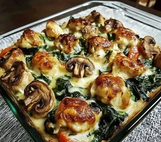 Low carb chicken spinach and mushroom oven dish served on a plate