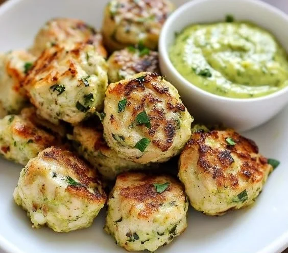 Plate of delicious Chicken Zucchini Poppers served with dipping sauce