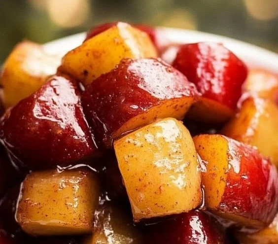 Bowl of delicious cinnamon apples topped with cinnamon and sugar.