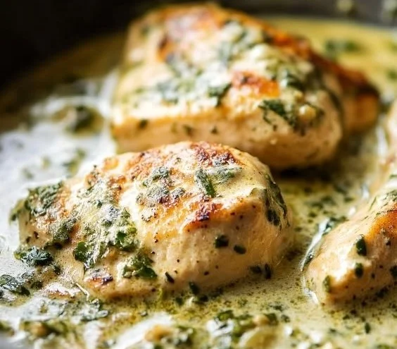 Creamy poblano chicken dish with peppers and herbs