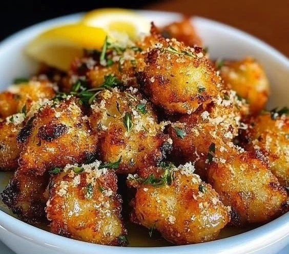 Crispy lemon chicken bites served with a garnish of fresh herbs.