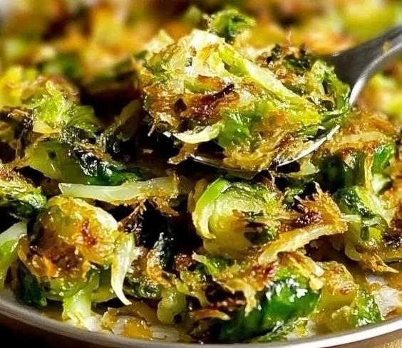 Crispy sautéed shredded Brussels sprouts garnished and ready to serve