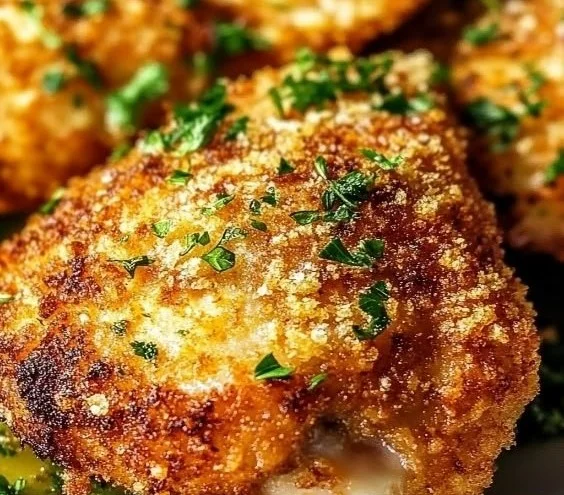 Crispy Parmesan chicken thighs served with herbs on a plate