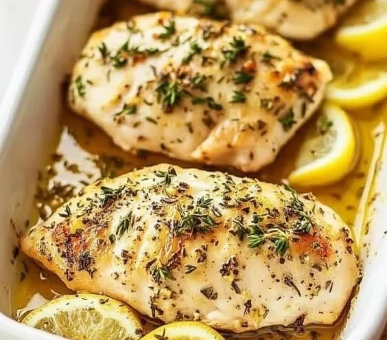 Easy lemon herb baked chicken breast with fresh herbs and lemon slices.
