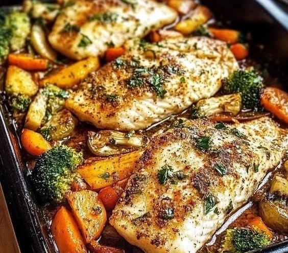 One-pan baked tilapia and vegetable casserole ready to serve
