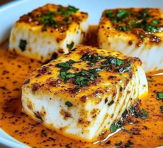 Flaky cod fillet served with roasted red pepper sauce on a plate.