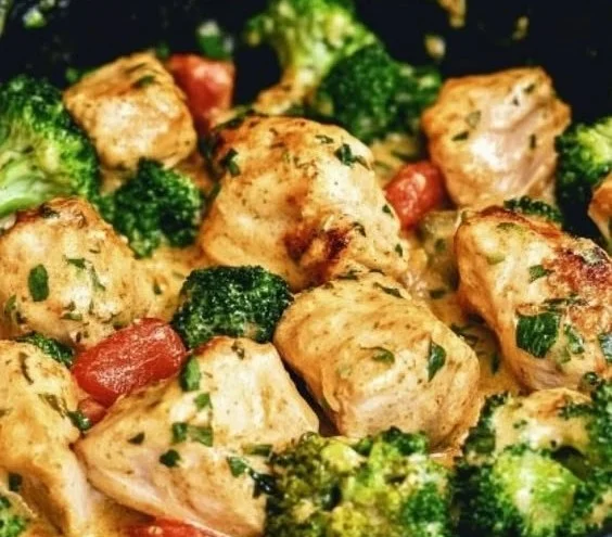 Delicious Garlic Chicken served with Broccoli and Spinach on a plate