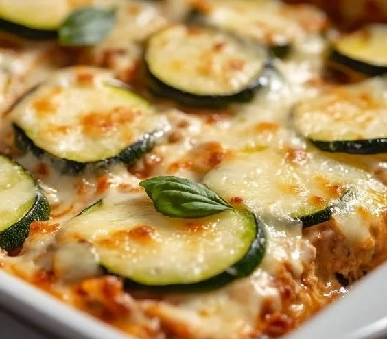 Delicious ground beef and zucchini casserole in a baking dish