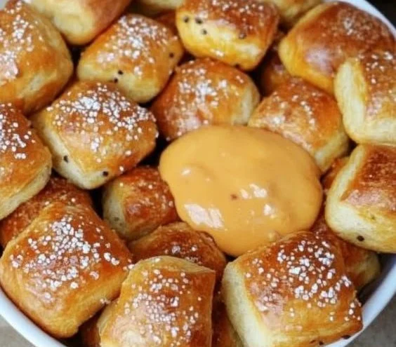 Freshly baked homemade pretzel bites on a wooden board