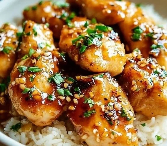 Delicious Honey Garlic Chicken served with rice and vegetables