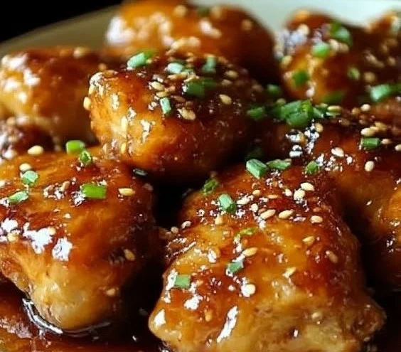 Plate of honey garlic chicken garnished with green onions
