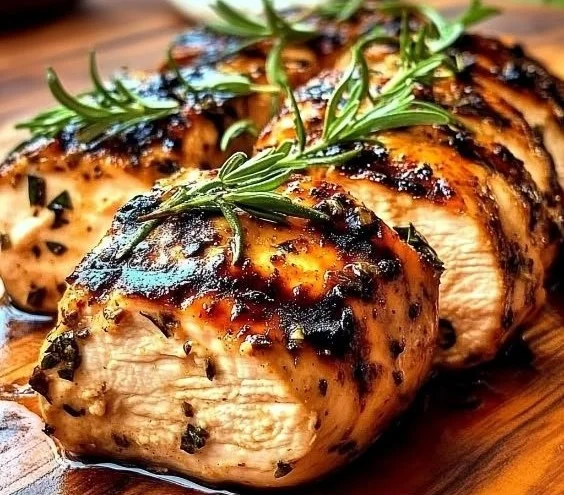 Juicy balsamic grilled chicken served with fresh vegetables