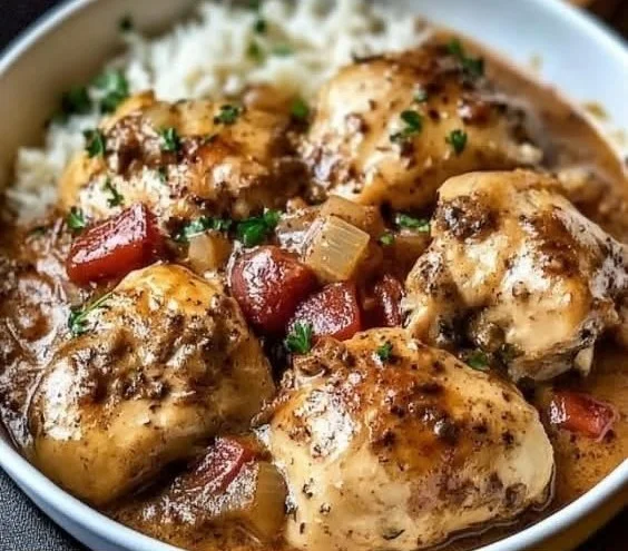 Italian Crockpot Chicken Thighs with herbs and tomatoes in a slow cooker
