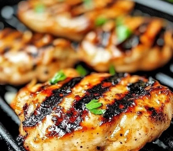 Juicy Orange Dijon Grilled Chicken served on a plate garnished with herbs.