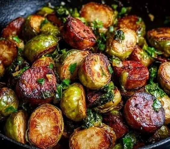 Kielbasa and Brussels sprouts stir-fry served in a colorful bowl