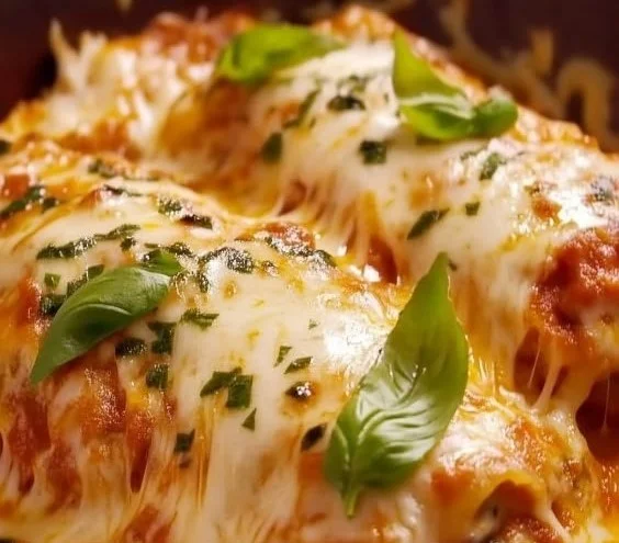 Delicious lasagna stuffed chicken with layers of cheese and marinara sauce