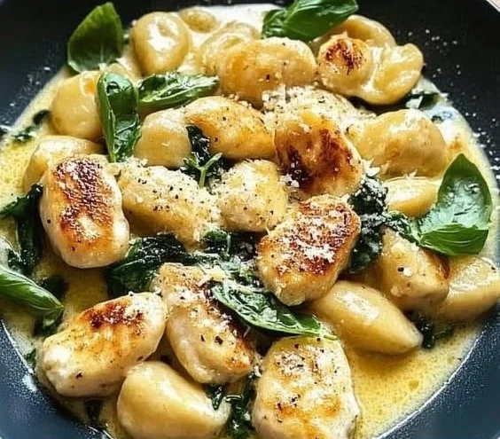 Plate of lemon gnocchi with chicken and fresh herbs