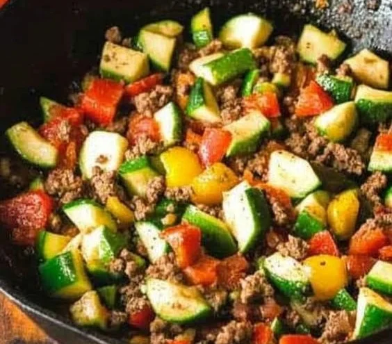 Delicious Mexican Zucchini Beef Skillet with ground beef and colorful vegetables
