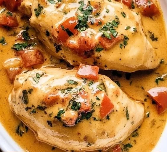 Slow cooker tomato basil chicken breasts ready to serve with herbs and spices