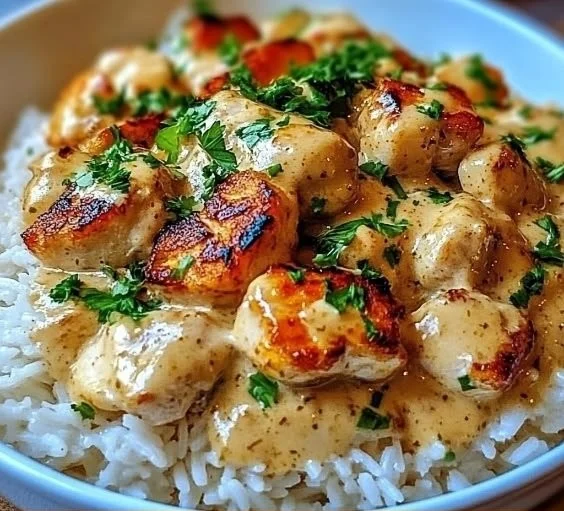 Plate of smothered chicken served over rice with rich gravy and herbs