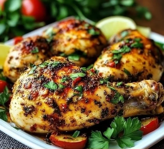 Spicy Calabrian chili roasted chicken served with herbs and spices