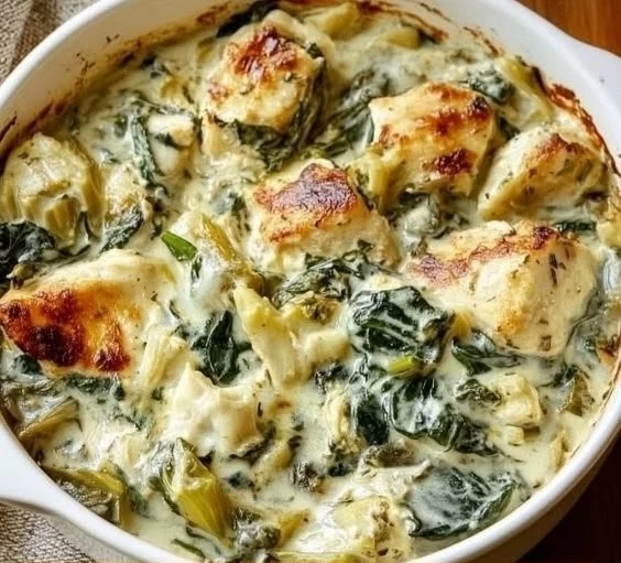 Spinach Artichoke Chicken baked with cottage cheese and topped with fresh herbs